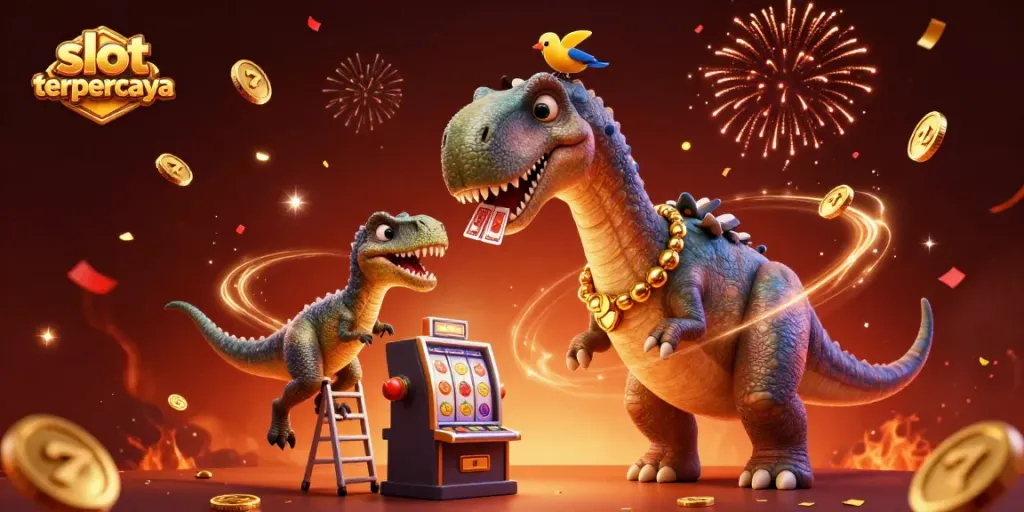 Mengidentifikasi slot terpercaya dengan ilustrasi 3D yang menampilkan dinosaurus berukuran besar dan elemen kasino yang meriah.
