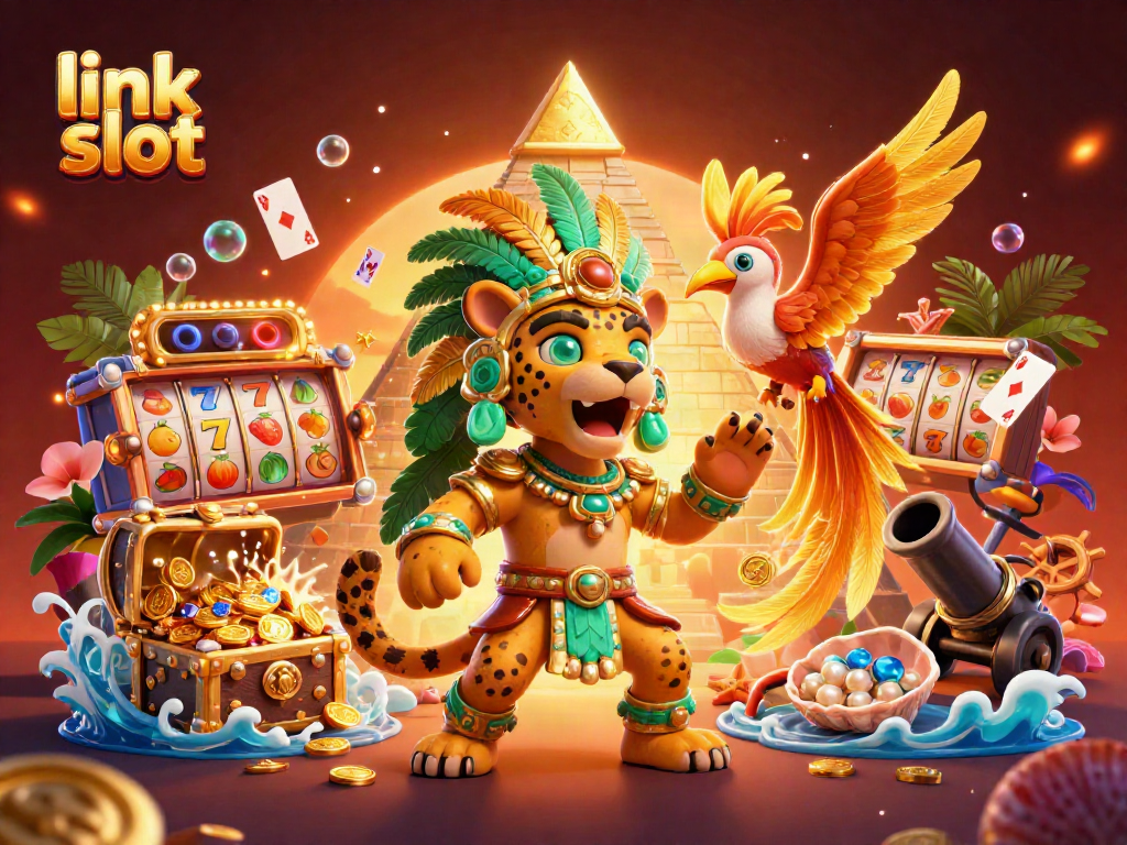 Experience the exciting link slot gameplay with vibrant characters and rich casino elements in this detailed 3D illustration.