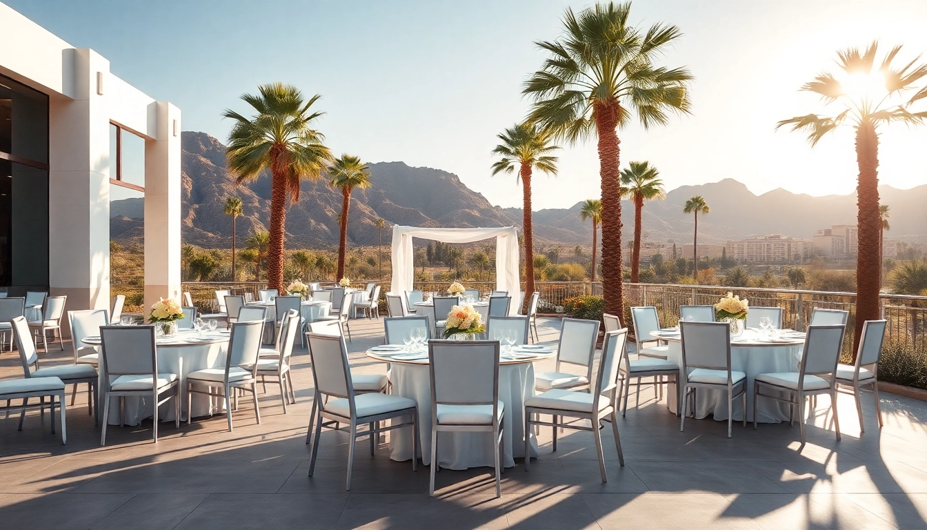 Showcasing elegant Event Rentals Las Vegas, featuring stylish chairs and tables in a vibrant outdoor setting.