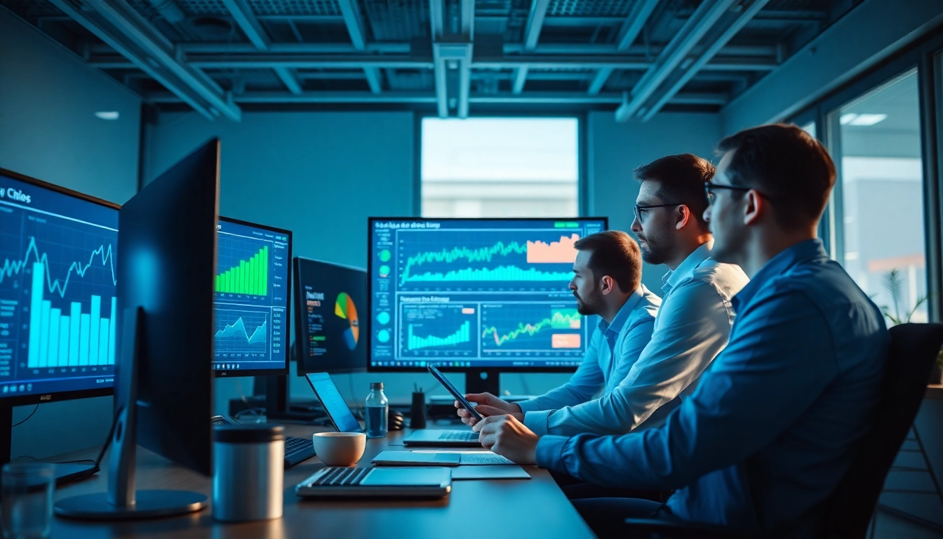 Data scientists collaborating on machine learning in supply chain strategies in a high-tech office.