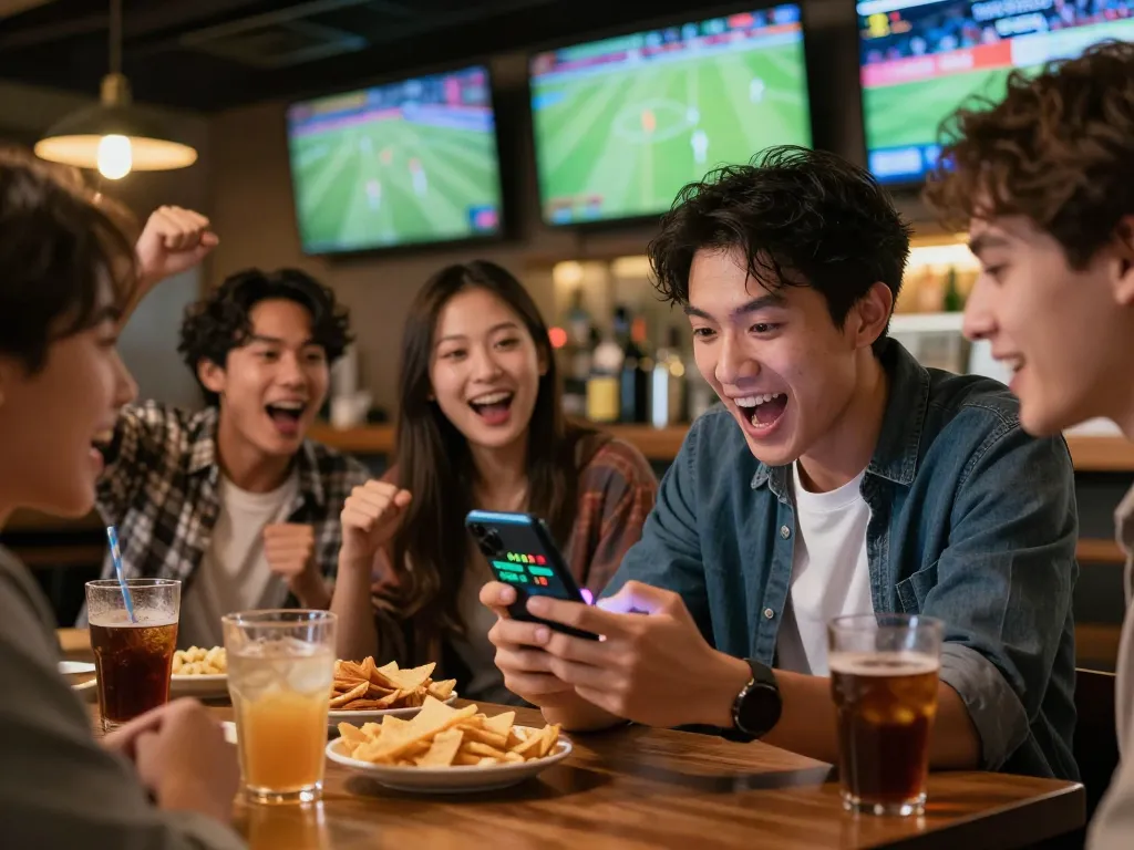 In an exciting sports bar scene, a person checks kèo nhà cái on their smartphone while enjoying a match.