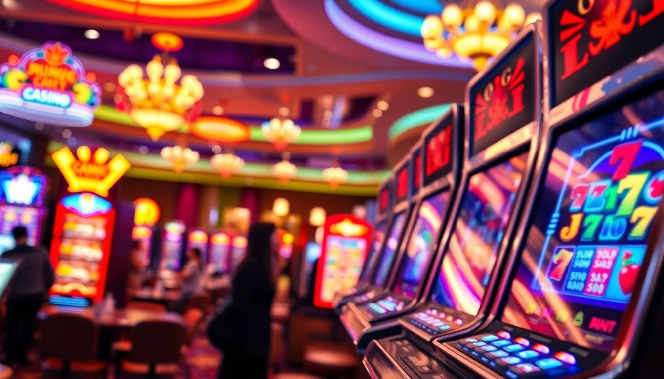 Menangkan permainan link slot dengan tampilan slot machine modern yang cerah di kasino.