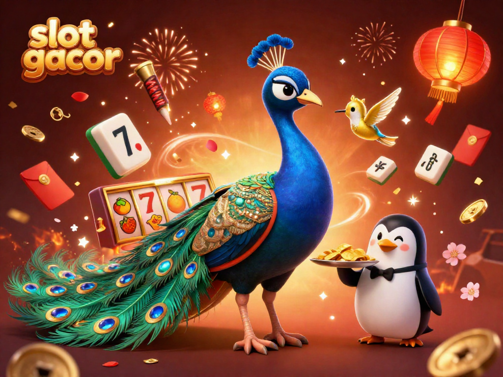 Bermain slot gacor dengan simbol jackpot 7 dan koin emas di latar belakang merah dan emas yang ceria