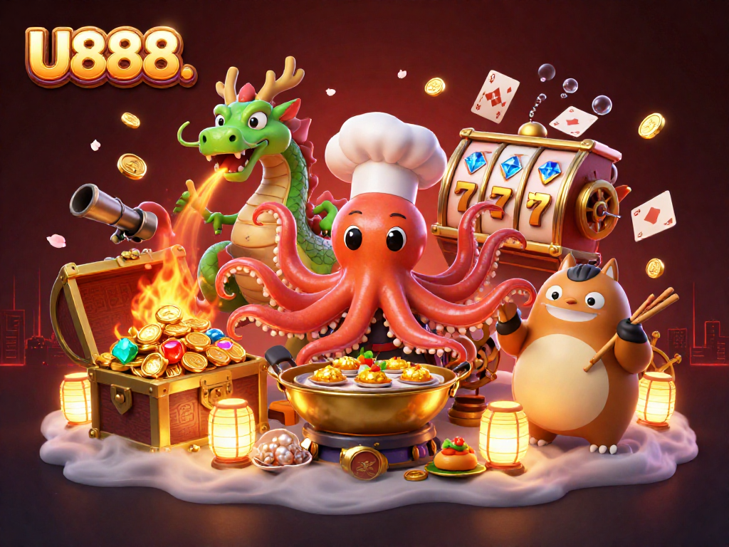 Experience the excitement at U888. with a vibrant scene of a sushi chef octopus, dragon, and tanuki amidst casino elements.