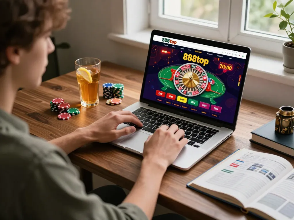Player engaging with the 888top casino interface on a laptop in a cozy home setting.