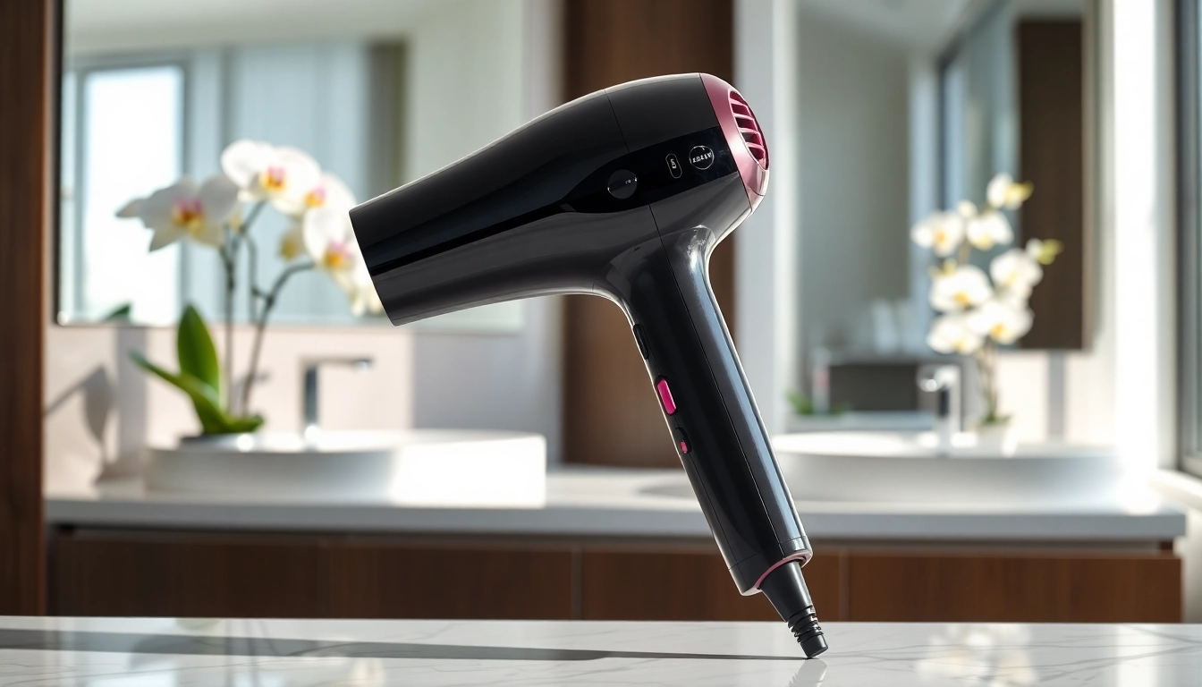 Using an ionic blow dryer for a sleek, shiny finish on hair in a bright, modern bathroom.