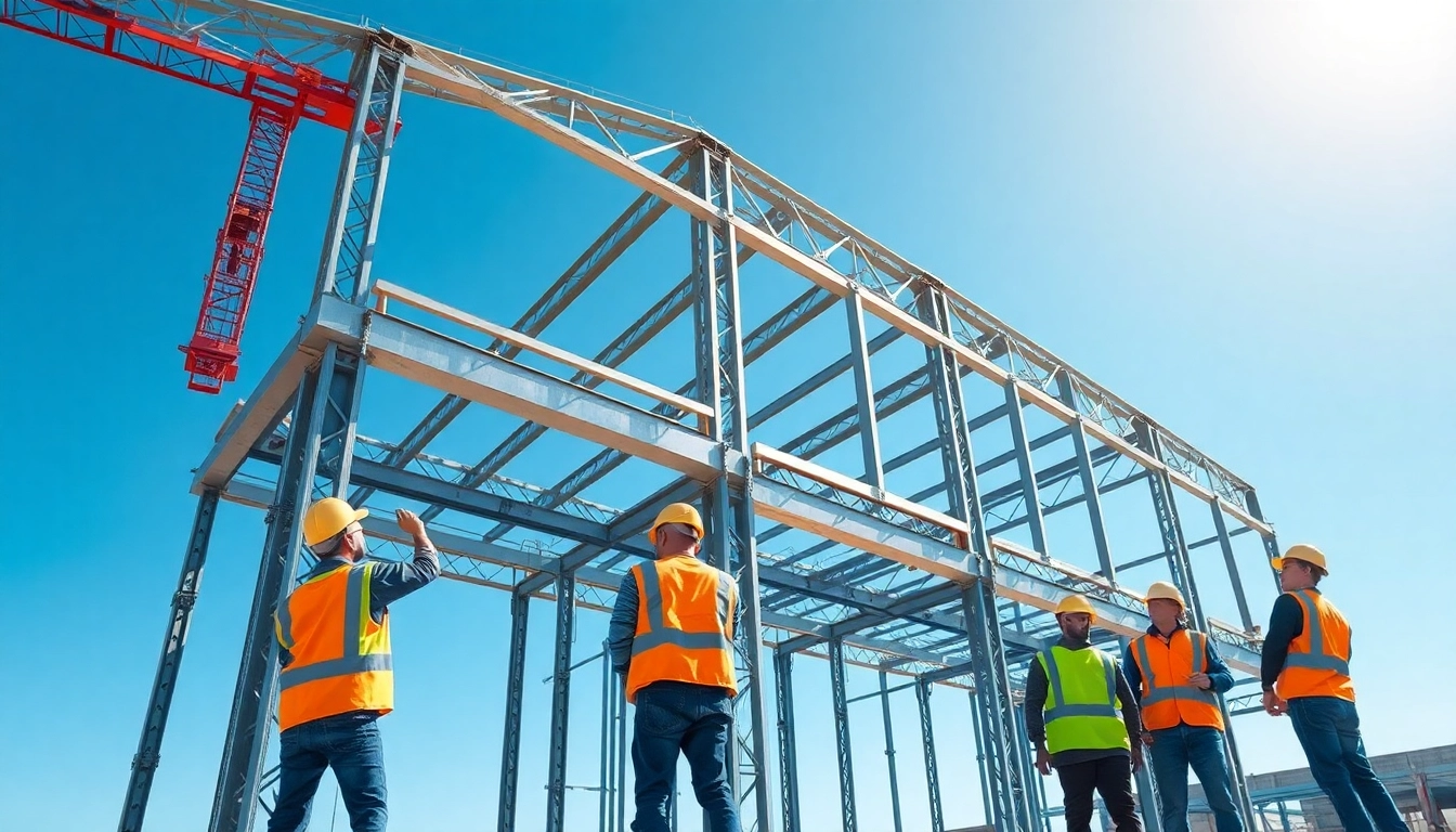 Laborers performing structural steel installation on a construction site, showcasing precision and safety.