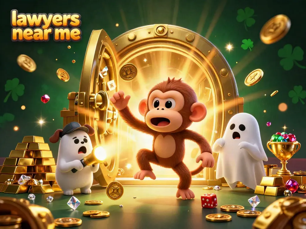 Experience thrilling gaming with our lawyers near me, surrounded by gold coins and a playful ghost-hunter puppy.