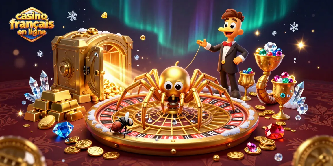 Illustration dynamique représentant le casino français en ligne avec une araignée dorée et une roulette inspirante.