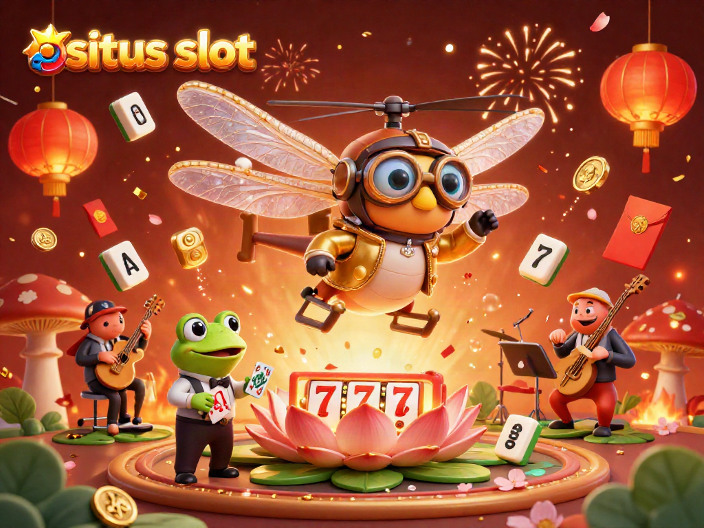 Visualisasi menarik dari "situs slot" yang menampilkan karakter kasino 3D dengan elemen permainan menyenangkan.