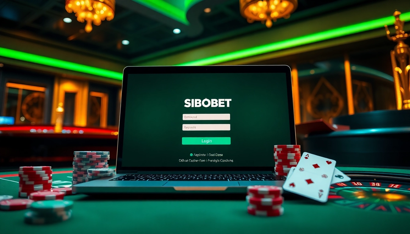 SboBet login terbaru on a sleek gaming interface surrounded by vibrant casino elements.