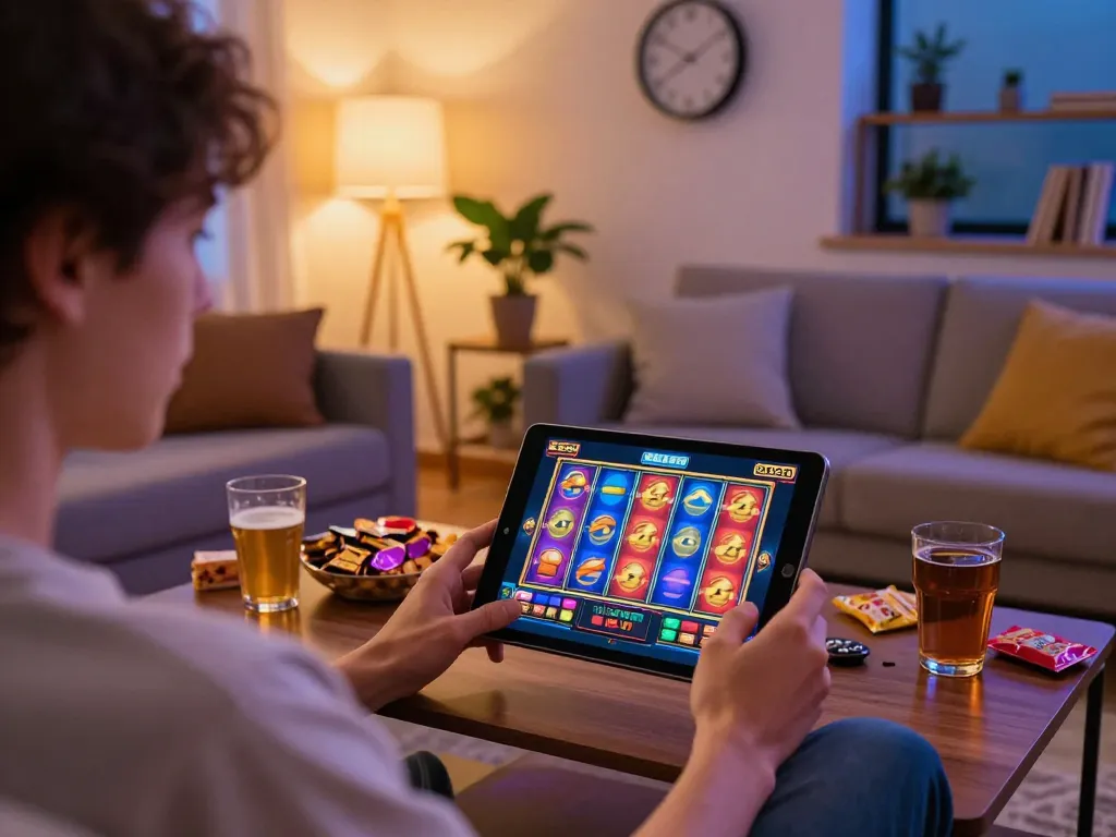 Pemain menikmati slot gacor di tablet dalam lingkungan rumah yang cozy dengan makanan ringan dan minuman.