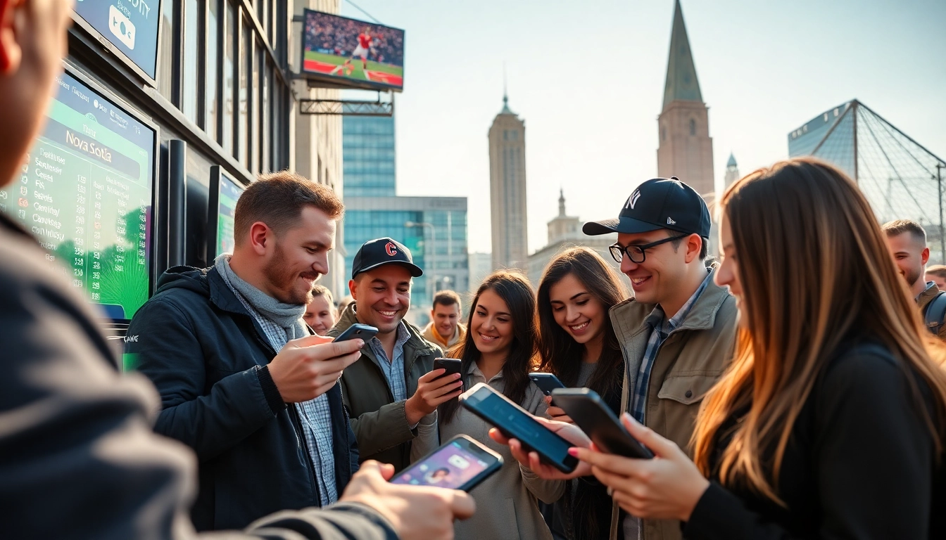 Nova Scotia sports betting enthusiasts engaged in lively betting activities with mobile apps.