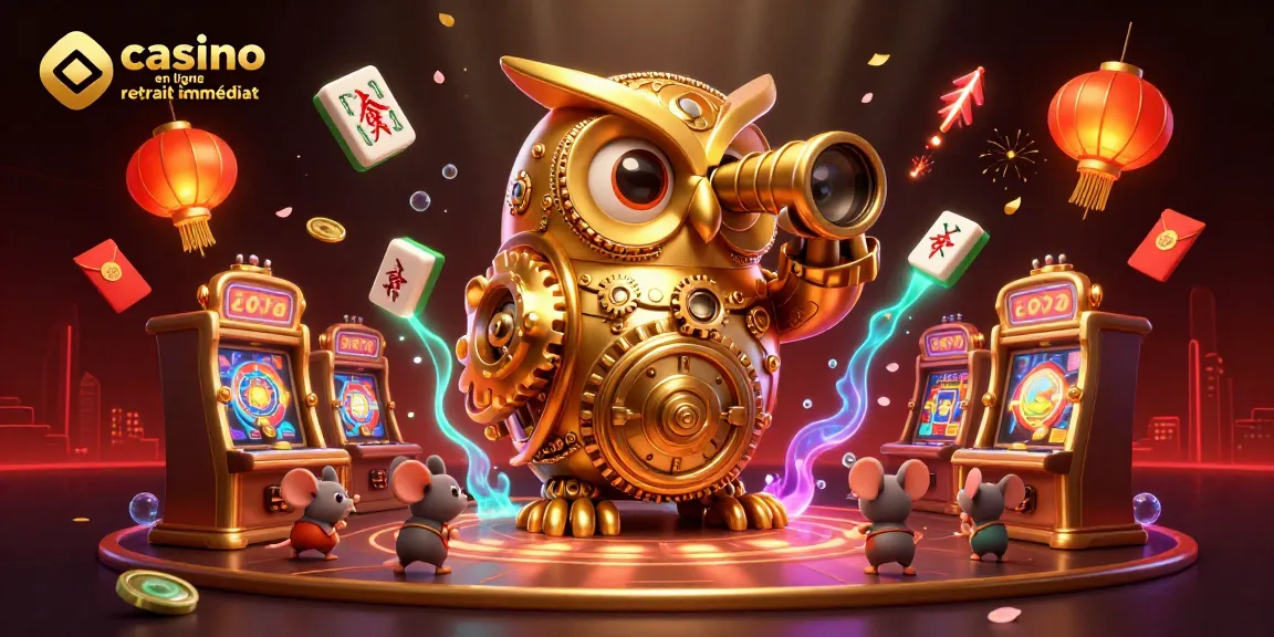 Visitez le casino en ligne retrait immédiat avec une illustration colorée d'un hibou doré et des éléments de jeu.