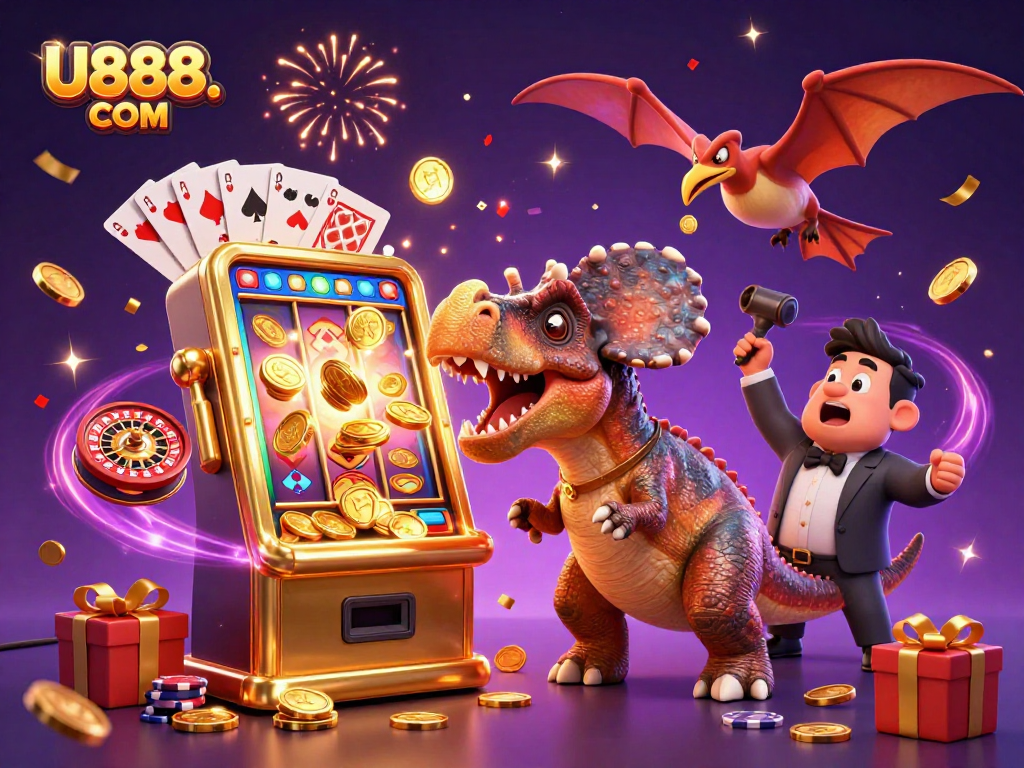 Experience jackpot excitement at U888. COM with a dynamic casino illustration showcasing thrilling slot machine action.