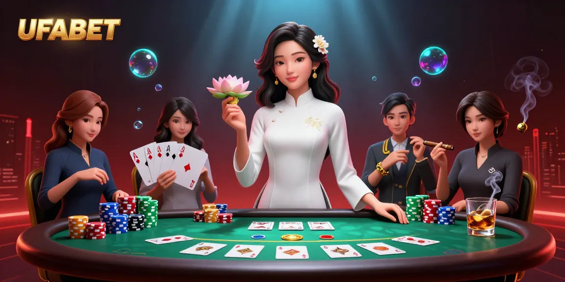Experience UFABET with a detailed illustration showcasing poker elements and a serene Asian woman.