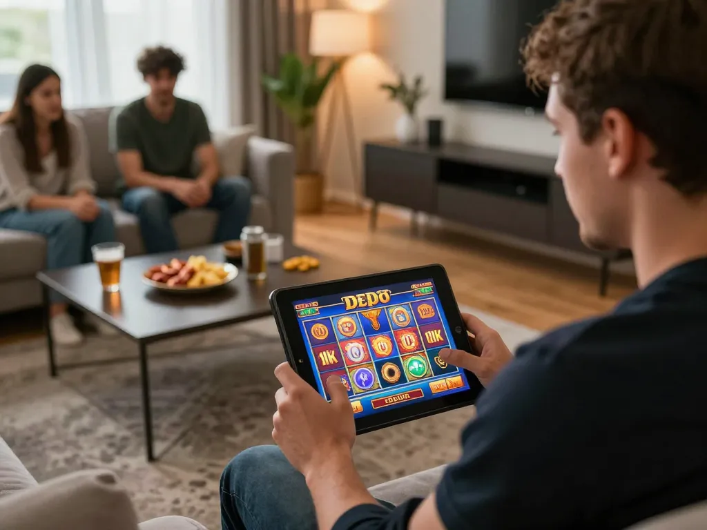 Player engaging with slot depo 10k on tablet in cozy home gaming setup, showcasing responsible gambling.