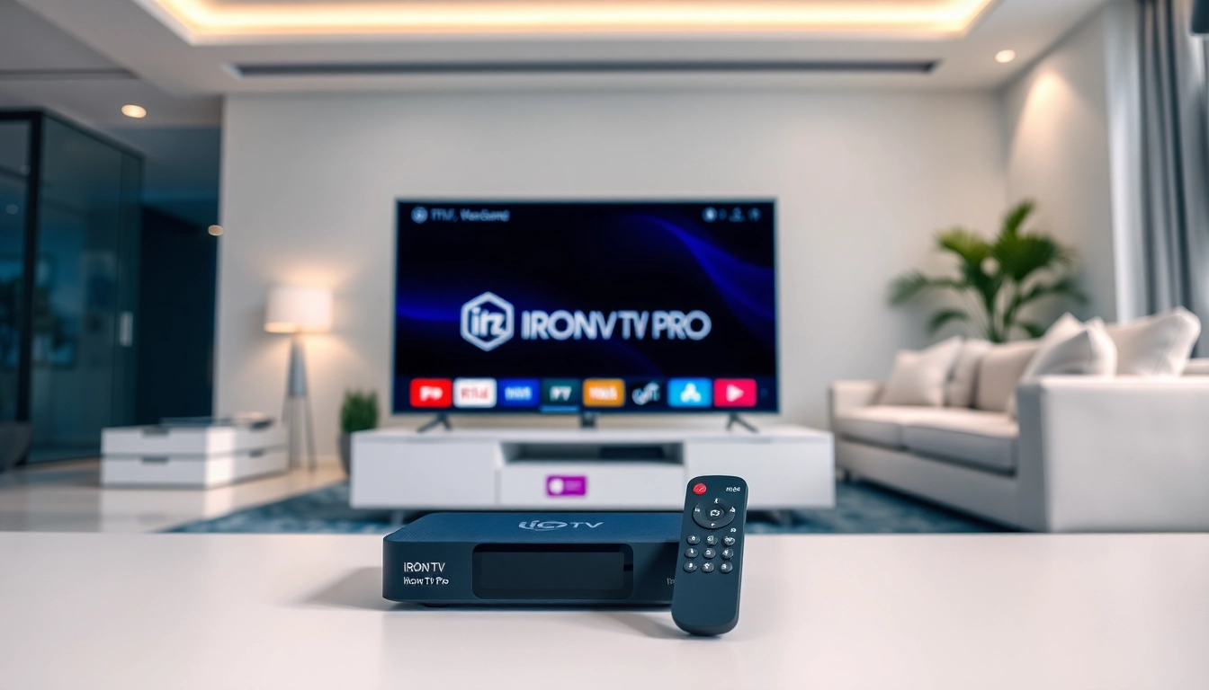 Experience "Iron TV Pro" in a sleek modern TV setup with vibrant streaming interface.