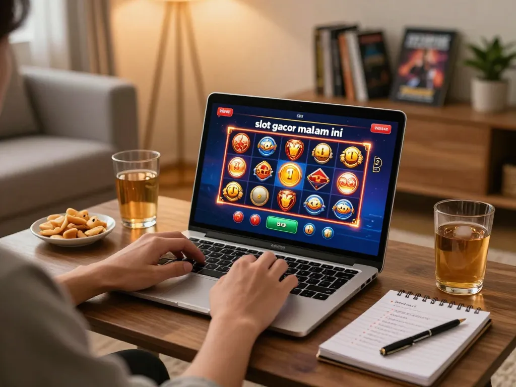 Engaging online gaming session featuring slot gacor malam ini with player placing bets on a laptop in a cozy home setting.