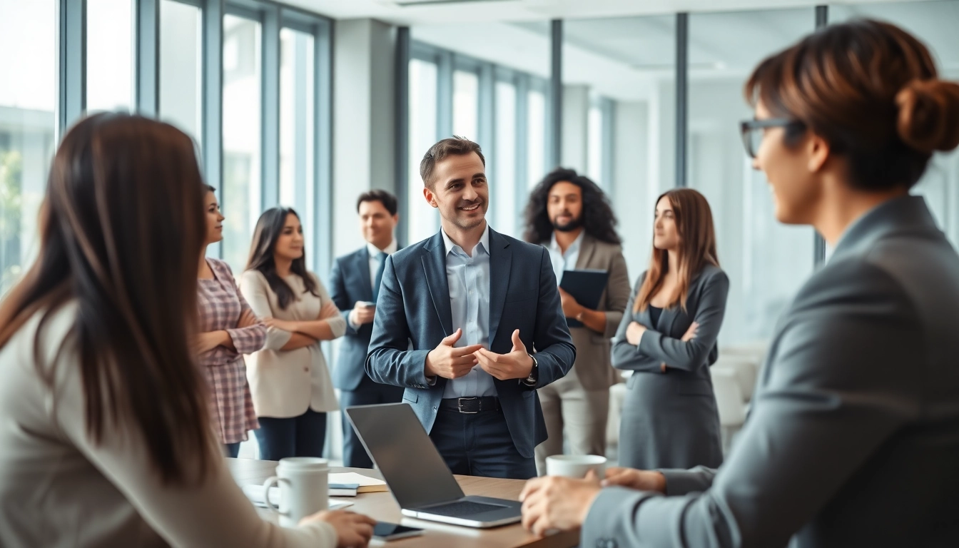 Recruiter interviewing diverse candidates in a modern office environment.