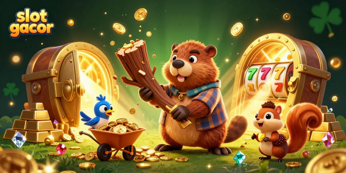 Experience slot gacor action with a cartoon beaver surrounded by gold coins, slot reels, and treasures.