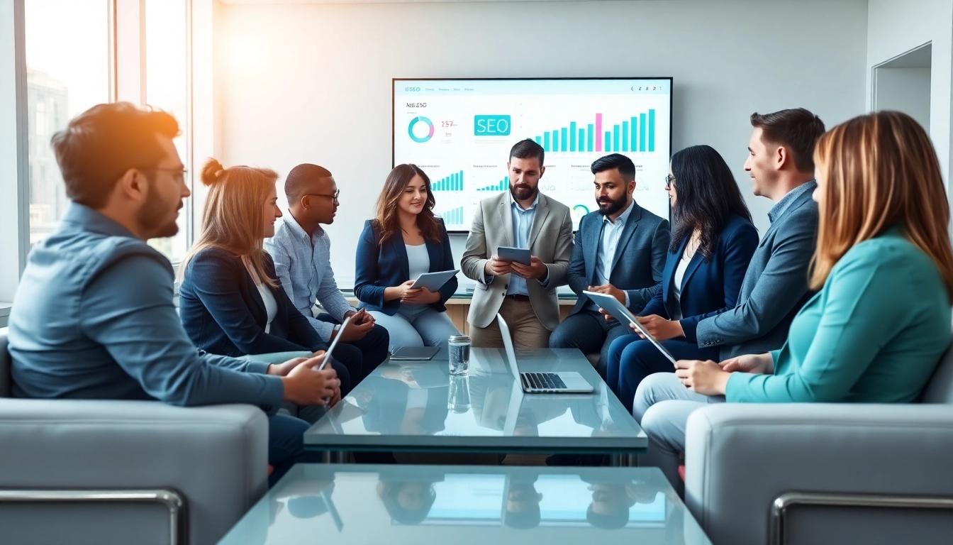 Collaborative discussion about agency SEO strategies among professionals in a modern office.