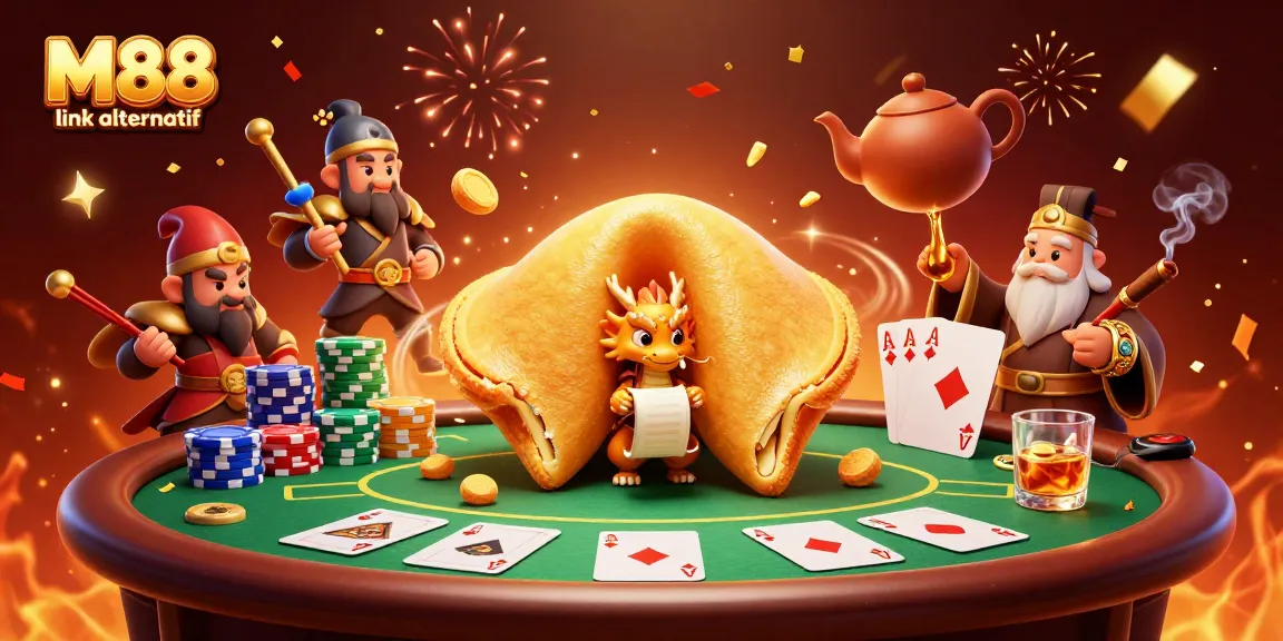 Bet on M88 link alternatif for safe gaming, featuring a cartoon-style golden cookie and poker action.
