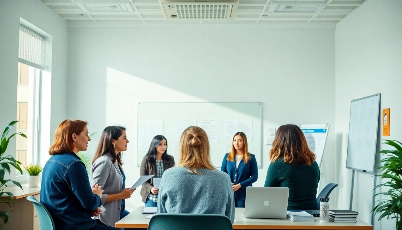 Engaged TOEIC test takers for hire strategizing in a modern office setting.