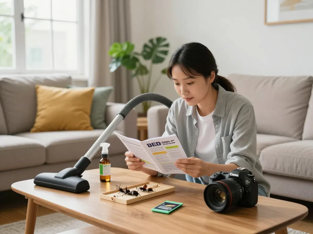 A proactive homeowner studying a pest control guide in their cozy living room while examining bed bug traps.