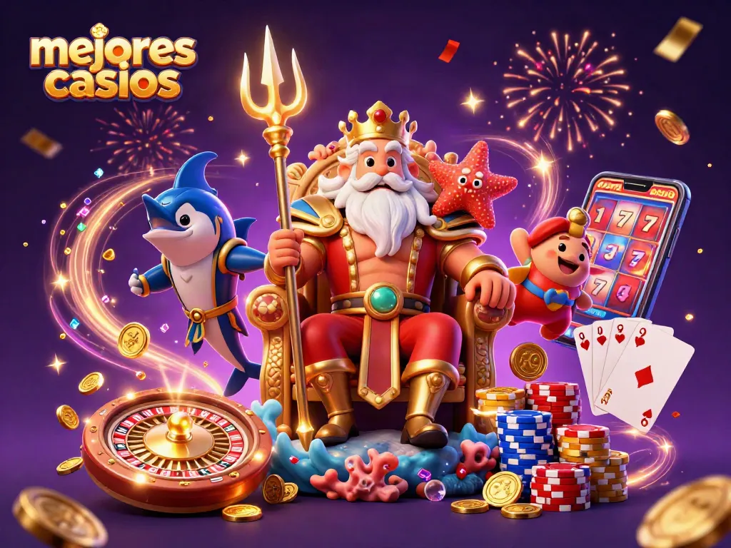 Mejores casinos: Ilustración vibrante de juego con rey Neptuno y elementos de tragamonedas.