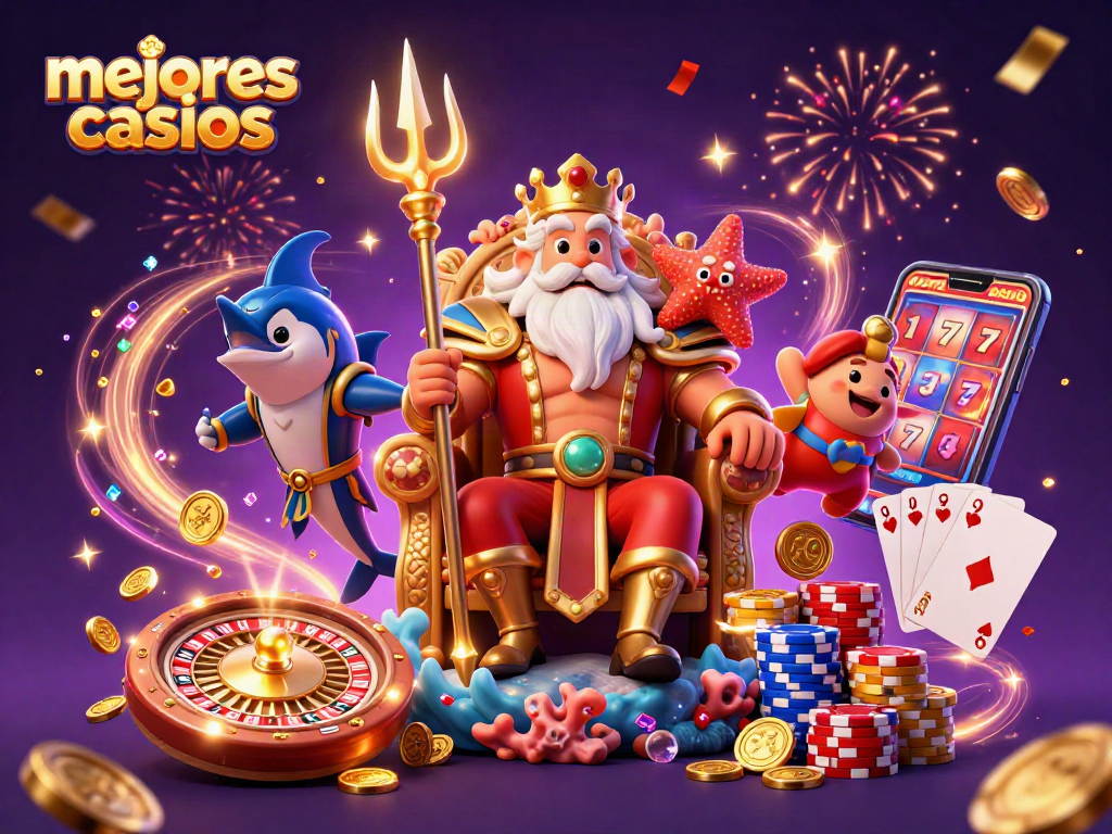 Mejores casinos: Ilustración vibrante de juego con rey Neptuno y elementos de tragamonedas.