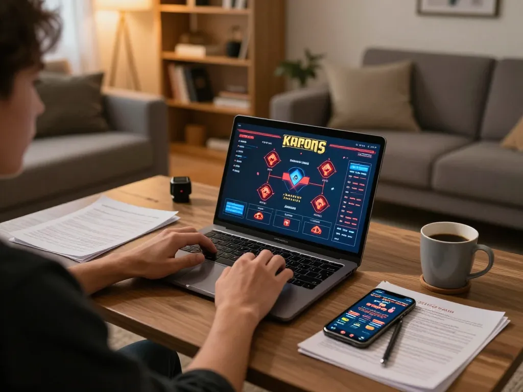 Playing casino esteri online with a laptop and smartphone in a cozy home setting during evening hours.