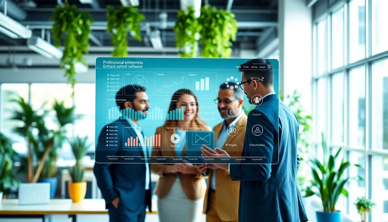 Showcase of enterprise assistant software enhancing teamwork in a vibrant office setting.