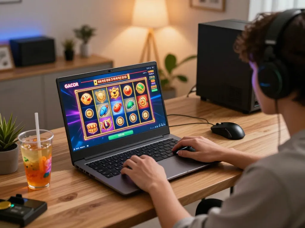 Engaged player enjoying slot gacor on laptop in cozy home office setting.