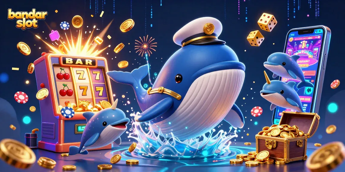 Experience the excitement of bandar slot with a 3D whale, dolphins, and slot machines in a vibrant scene.