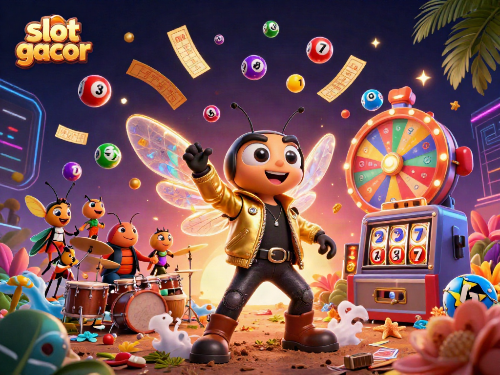 Spin to win with 'slot gacor' as a cartoon cicada rock star leads vibrant casino excitement.