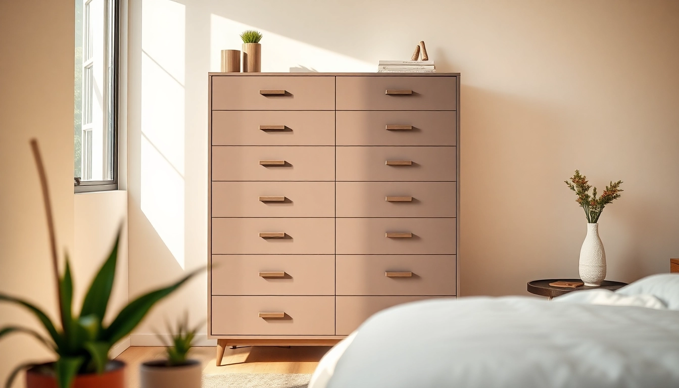 Showcase a modern chest of drawers with sleek design and stylish accents in an inviting setting.