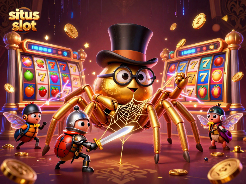 Watch the giant tarantula and beetle knight in this lively situs slot scene with vibrant animations.