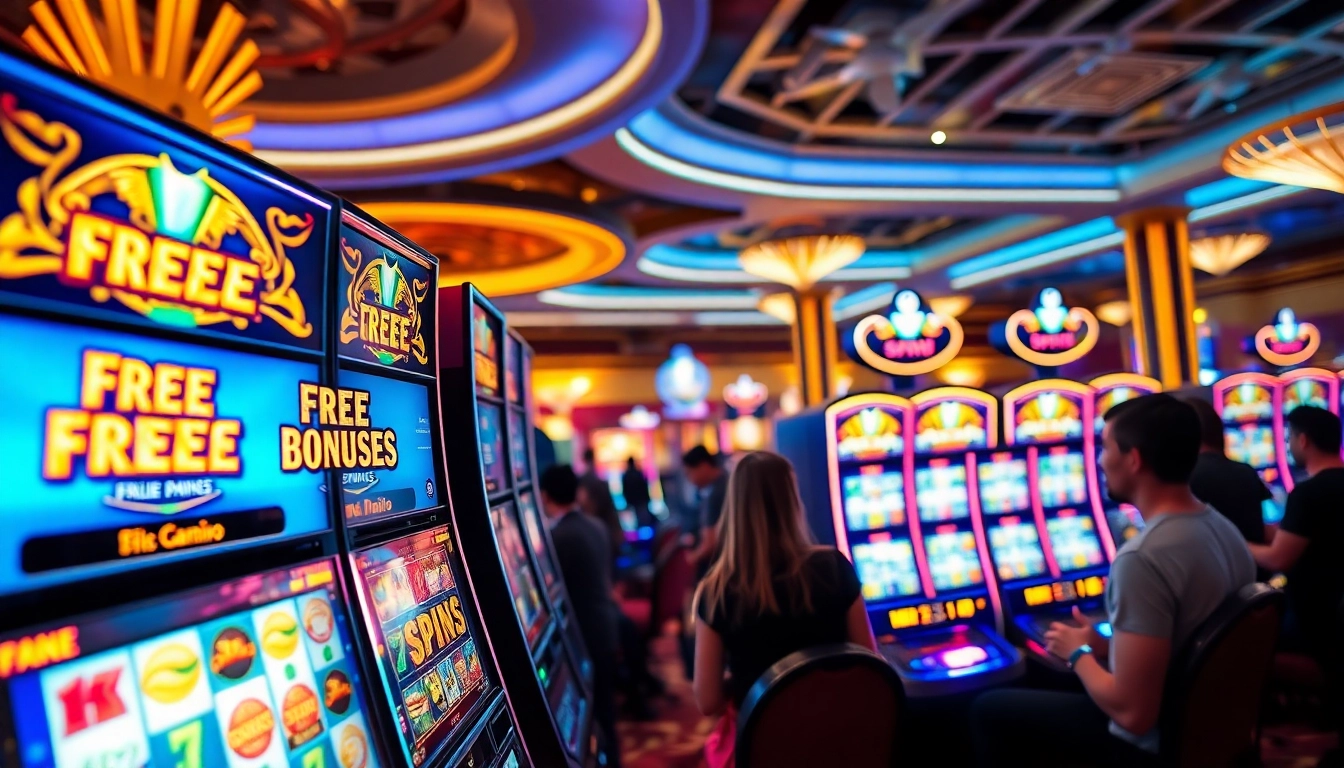 Engaging scene depicting players enjoying free spins bonuses on vibrant slot machines in a lively casino.