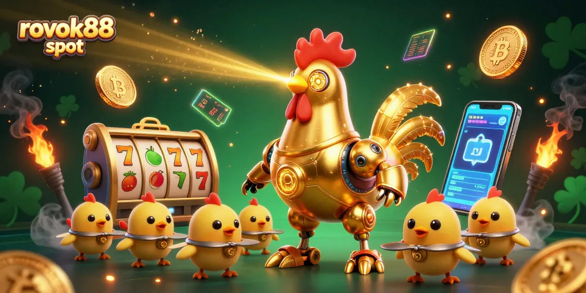 Engage with rokok88 slot in an immersive scene featuring a golden rooster robot amidst vibrant casino elements.
