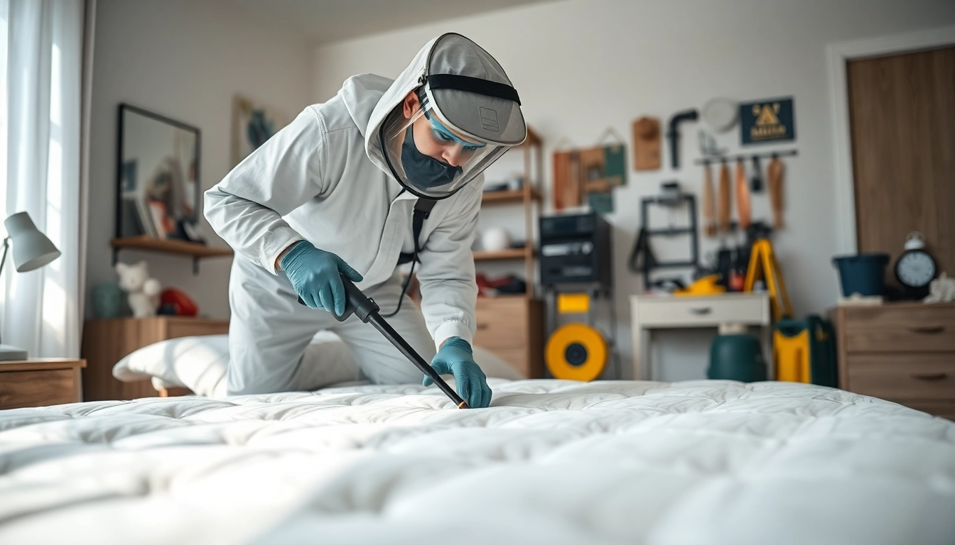 Bed bug exterminators inspecting a mattress in a clean, organized bedroom.
