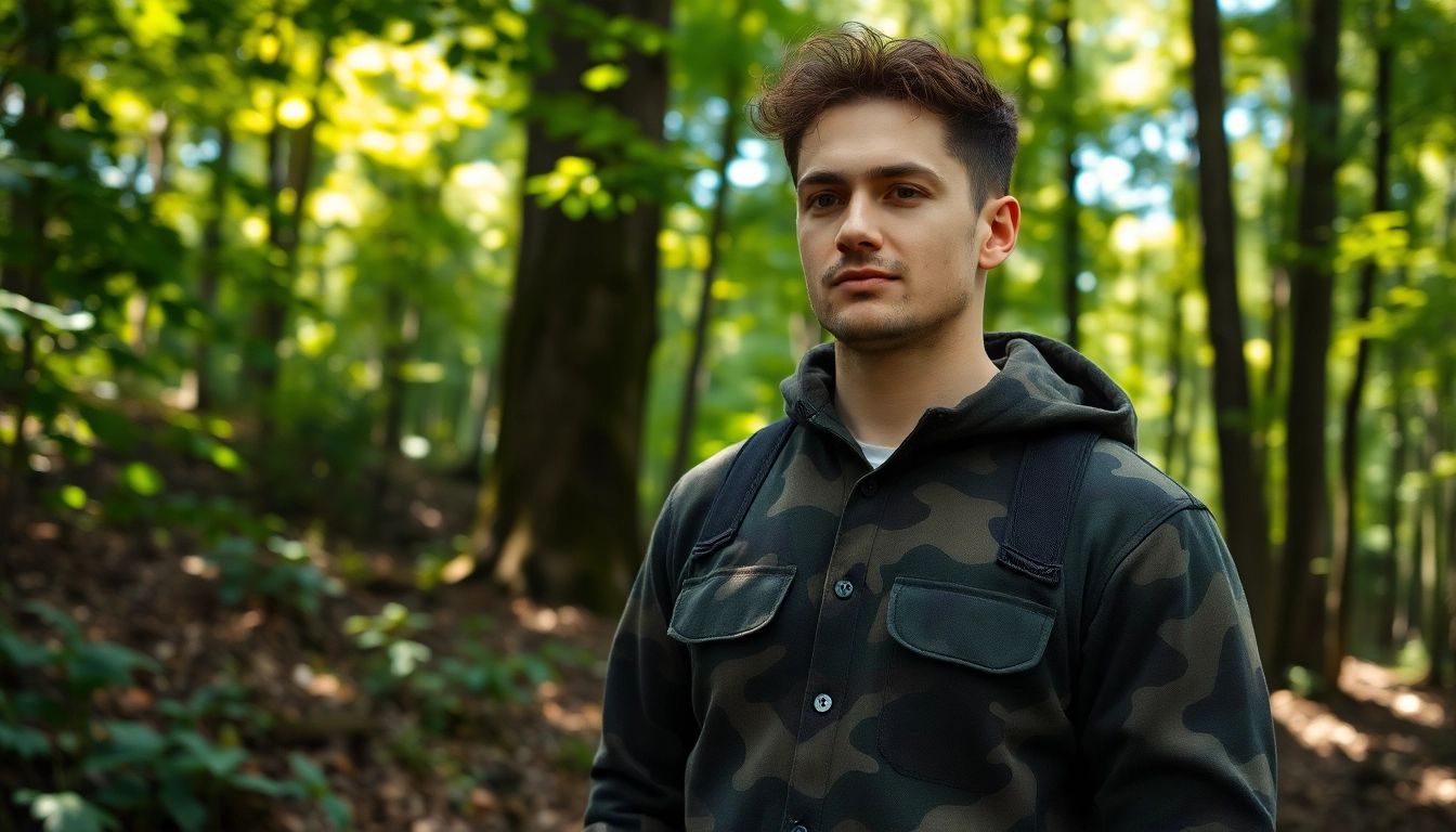 Model met goedkope camouflage print in een bosrijke omgeving.