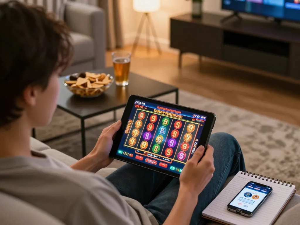 Engaging in giochi casino gratis senza registrazione with a tablet while enjoying a cozy home atmosphere.