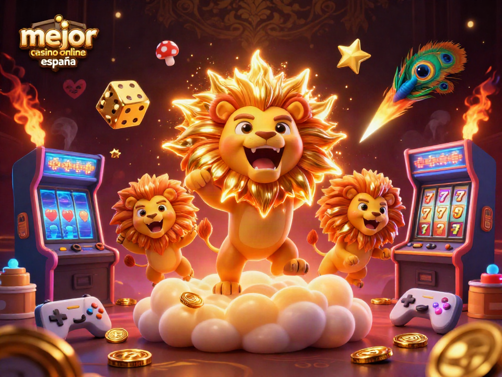 Ilumina tus juegos en el mejor casino online en España con impresionante 3D de un león y dados dorados.