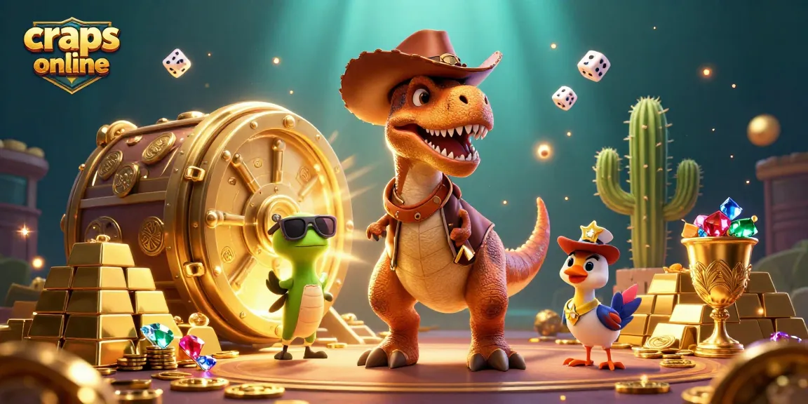 Experience excitement in craps online with T-Rex, cactus, and roadrunner in a vibrant casino scene.