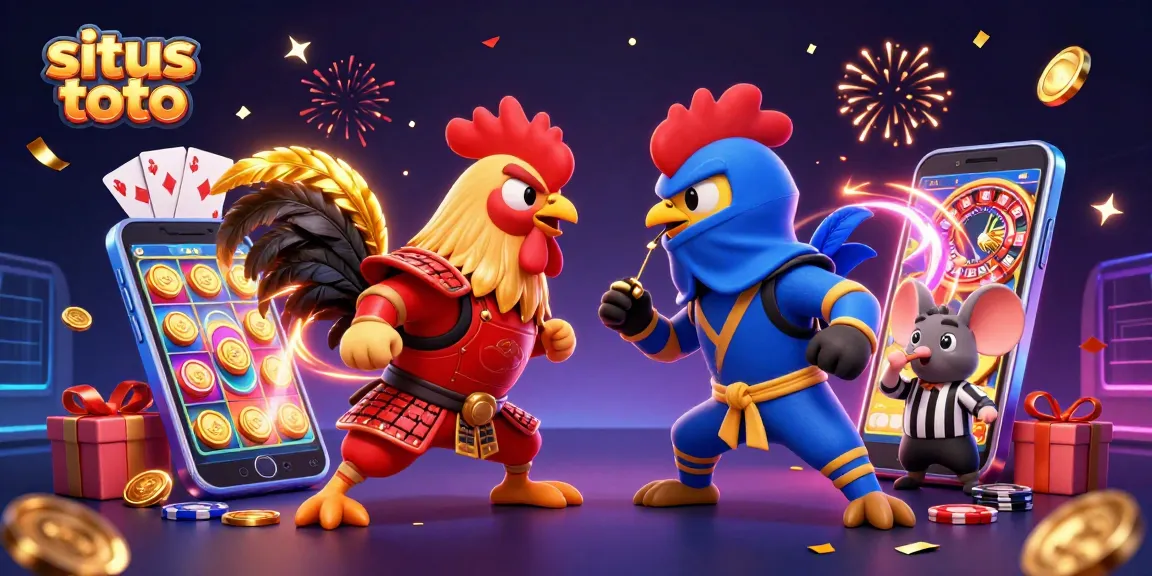 Engage in situs toto betting with dynamic 3D cartoon fighting roosters and vibrant casino elements.