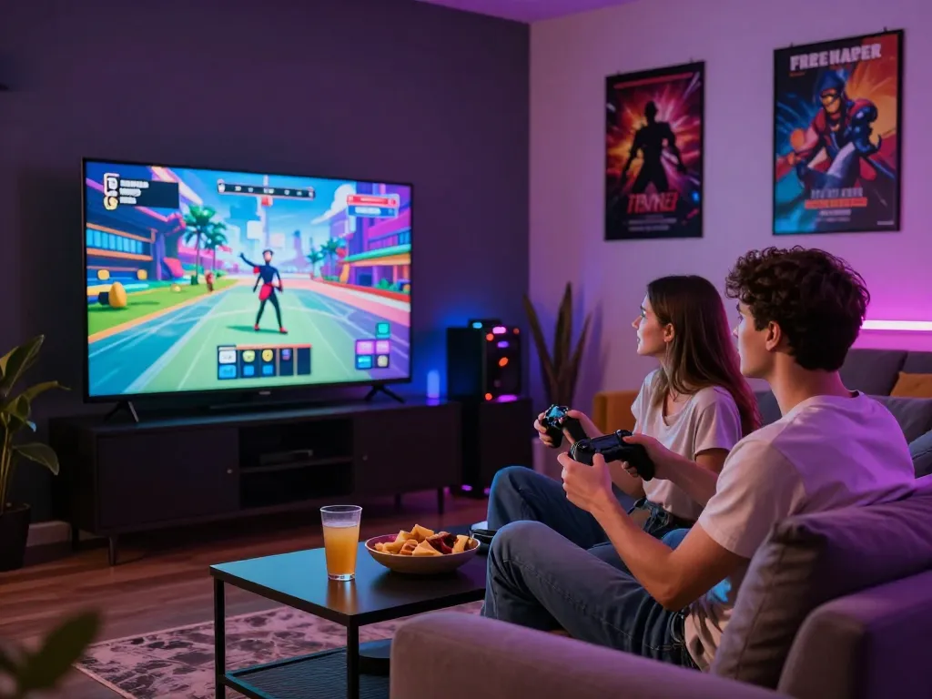 Couple enjoying a free porn game in a cozy gaming lounge