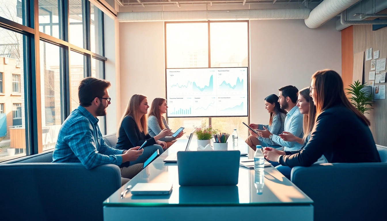 A collaborative team in a digital marketing company discussing strategies with analytics displayed.