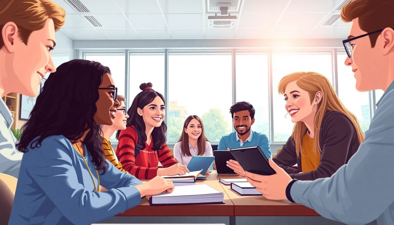 Engaging classroom scene depicting students actively learning and collaborating on Education projects.