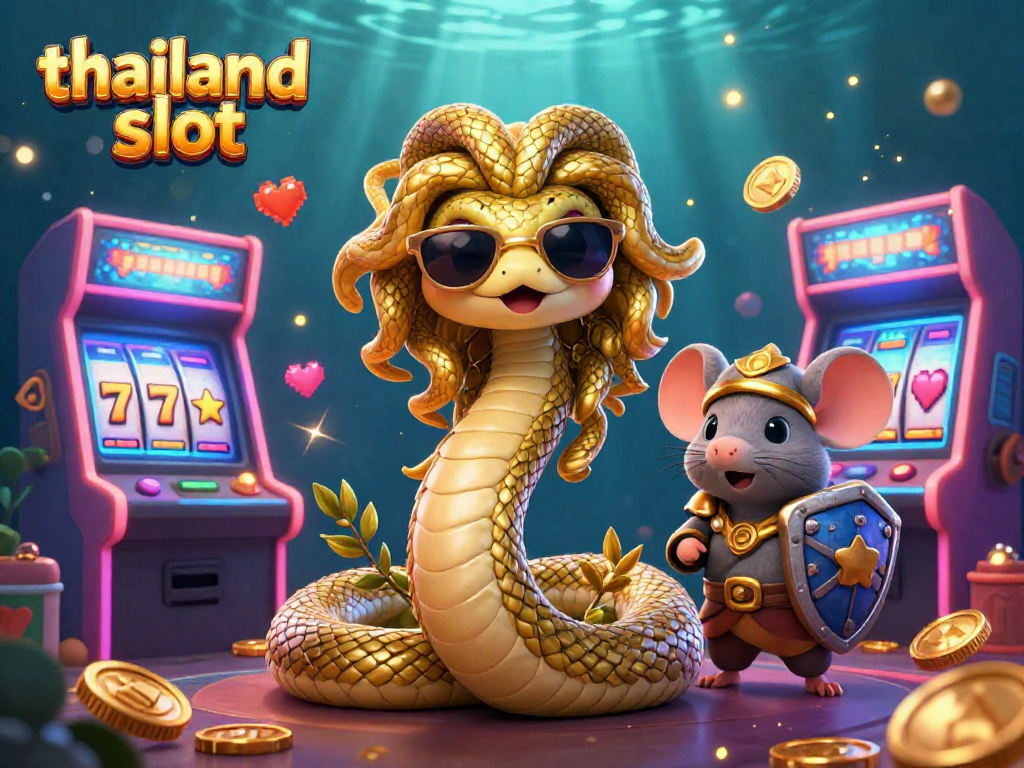Engage with vibrant thailand slot gameplay featuring a friendly Medusa and warrior mouse in a lively casino.